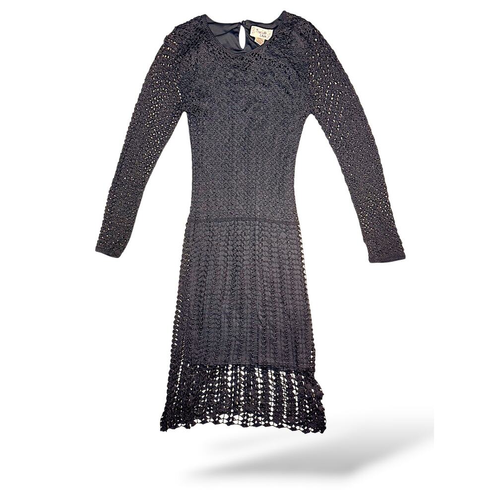 Vintage Kroshetta by Papillon Black Crochet Long Sleeve Dress Size 3